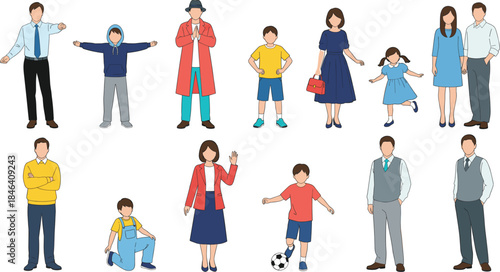 People characters collection showing men women and children in casual poses family lifestyle flat vector illustration