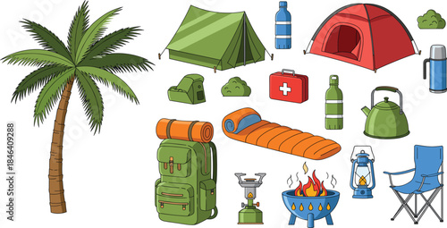 Camping and outdoor adventure equipment set with tent backpack sleeping bag campfire travel flat vector illustration