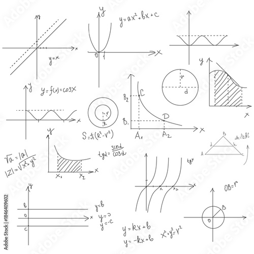 School math graphs, drawings and diagrams, black and white sketch. Vector illustration. Trigonometric and algebraic equations, formulas, circles and geometry isolated on white background. 
