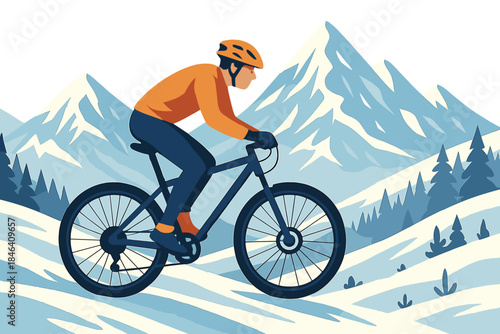 A cyclist pedals through the breathtaking snowy mountains, exemplifying extreme sport and biking culture