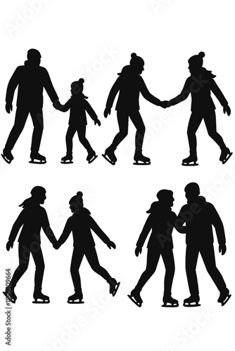 A set of black-and-white silhouettes showing families and friends ice skating together, perfect for winter, lifestyle, and recreational design themes