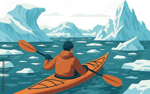 A man paddles a kayak amid ice in Antarctica's Iceberg Graveyard, engaging in extreme winter kayaking and a polar adventure near Pleneau Island