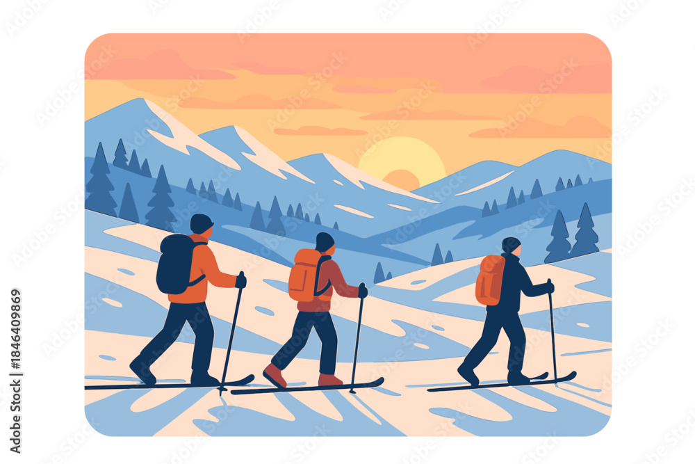 Fototapeta premium At sunrise, skiers glide through a snowy winter landscape beneath a bright, colorful sky, living the dream