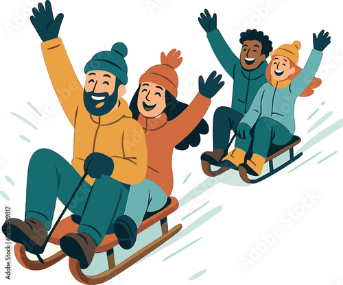 Ecstatic friends sledding down snowy high mountains, millennials racing in a luge competition during a white week vacation, a winter sport and travel concept, focusing on men's faces