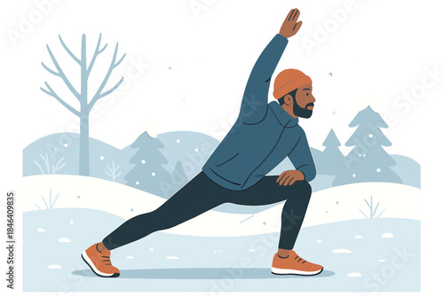 A sportsman stretches and readies himself for a run in the snowy wilderness on a winter day, embodying winter fitness, sport, and cold‑weather training