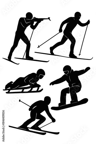 Several winter sports depicted as black silhouettes against a white background