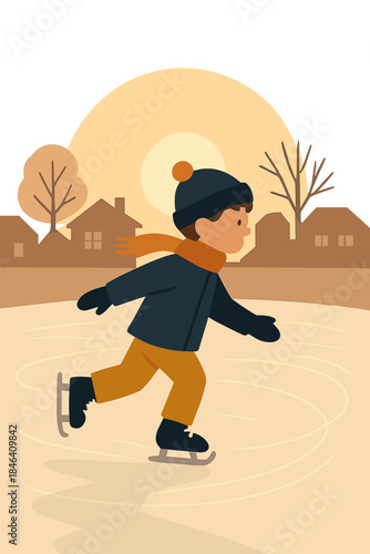 A boy glides solo on a neighborhood ice rink illuminated from behind