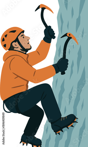 A man climbs a high ice wall, hammering his hands in a close‑up winter sport
