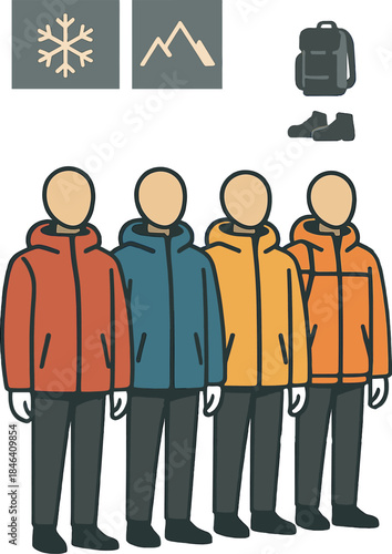 In a modern store, mannequins wearing bright jackets were arranged to showcase winter clothing and outdoor adventure gear during daylight