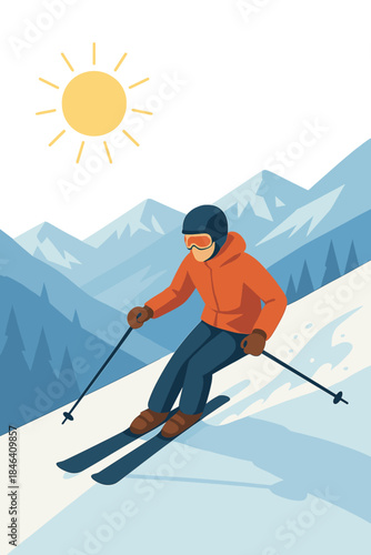 A skier slides down the mountain beneath the bright afternoon sun