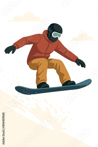 A masked snowboarder leaps down a slope against a sky backdrop, spraying snow in winter, embodying extreme sport, speed, downhill mountain adventure, splash, and travel