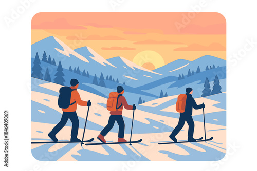 At sunrise, skiers glide through a snowy winter landscape beneath a bright, colorful sky, living the dream