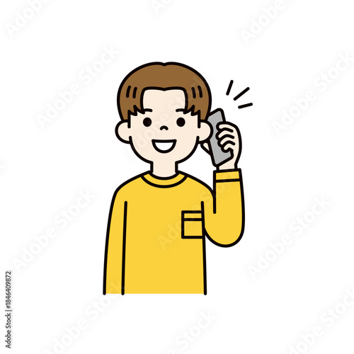 スマートフォンで通話する・話す、若い男性・男子学生の上半身ベクターイラスト素材＿カラー