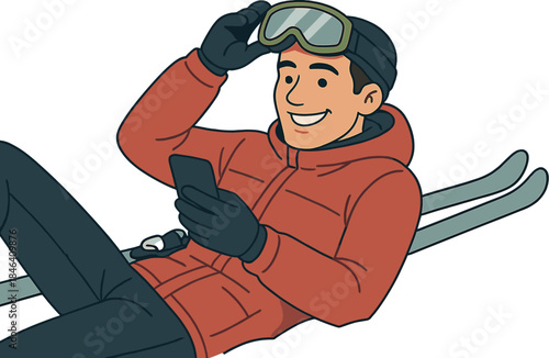A smiling male skier rests on the snow, taking a break while texting on his phone, confident and satisfied, wearing a red winter jacket, removing his ski goggles, and lying down on the slope