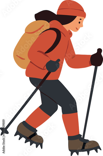 A girl with crampons and gaiters goes downhill in the snow