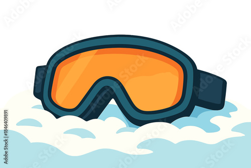 A close-up of ski goggles resting in freshly fallen, soft snow