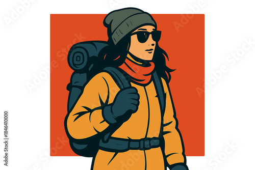 A spirited young woman, backpacked and sporting sunglasses and winter gear, poses against a bright red background