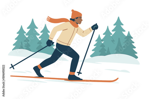 A person is cross-country skiing along a snowy trail surrounded by trees on a winter day outdoors