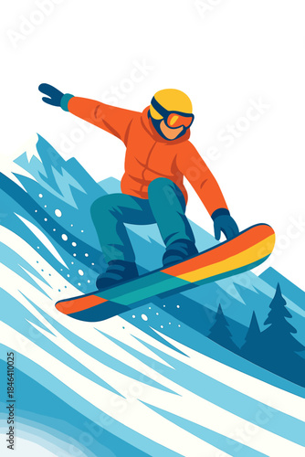 A snowboarder slides down the mountain in an action-packed winter sports scene, performing a high jump with a vivid, multi-colored board and colorful gear, showcased in a dynamic vector banner