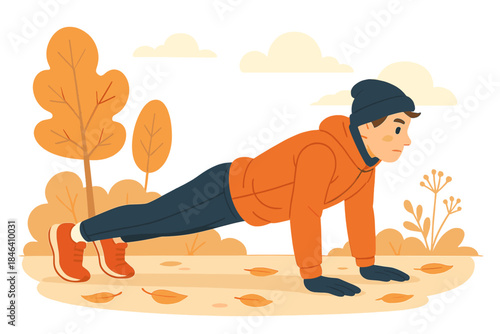 A young runner performing push-ups on a crisp autumn morning