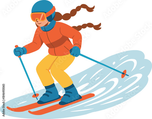 A girl in a bright ski suit with long pigtails rides down the slope, swirling fresh snow around her, enjoying a sunny day of active winter holidays