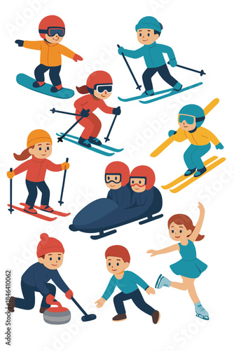 Cartoon characters of boys and girls depict sportsmen, snowboarders, alpine and cross-country skiers, as well as people in winter sports such as freestyle skiing, sliding, bobsledding, ski jumping