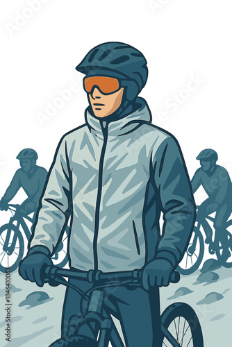 A winter sports lover, dressed in a reflective, weather‑proof jacket and tinted glasses, stands ready and vigilant among other cyclists before confronting the challenging mountain trails