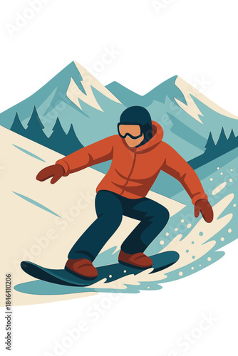 A snowboarder glides down a mountain slope, the wind and snow whipping by, creating an exhilarating moment in winter sports