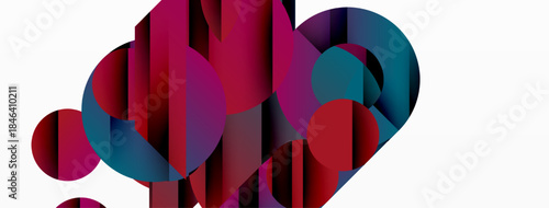 Abstract composition. Overlapping shapes, reds, teals create dynamic visual interest. Modern design, clean lines, simple forms.