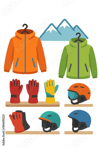 A mountain shop showcases a colorful array of winter sports gear, such as jackets, gloves, and helmets