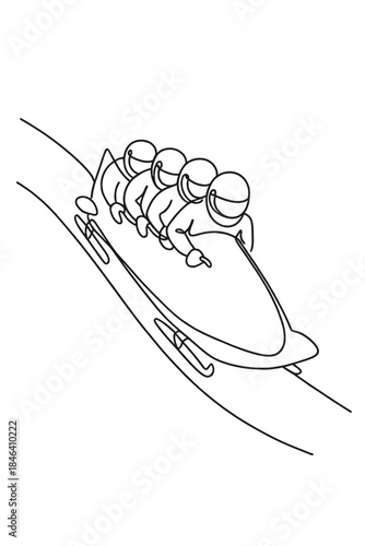 A black‑and‑white continuous line illustration of a bobsleigh team racing downhill, perfect for winter sports graphics, Olympic designs, or Milan 2026 themes