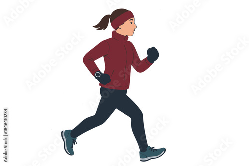 A woman jogging outdoors in snowy weather, wearing a windproof jacket, winter tights, gloves, a headband, and a smartwatch, surrounded by falling white snow