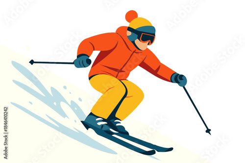 A thrilling picture of a skier in vivid clothing racing down a snowy hill, showcasing the excitement of winter sports and the splendor of nature