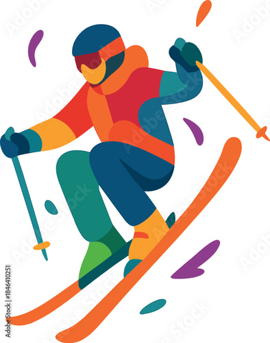 Abstract artwork featuring a colorful depiction of a jumping skier in extreme winter sports, ready for