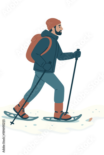 A snowshoe hiker strides through the snow, embodying an outdoor winter sport and a healthy lifestyle