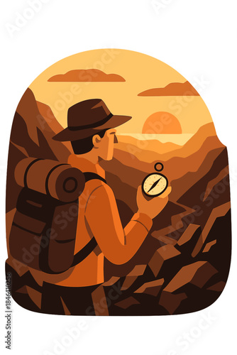 A traveler uses a compass to chart a rugged mountain landscape at sunset