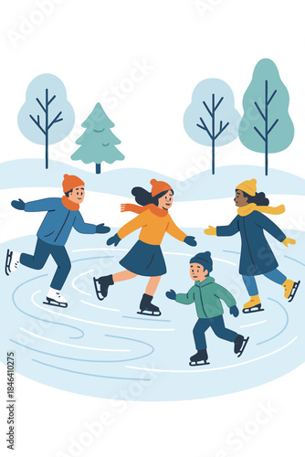 Vector illustration of winter sport featuring people skating on an ice rink in a park during a weekend vacation, surrounded by trees and nature, suitable for a poster, background, or flyer