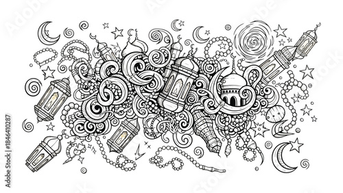 Ramadan Doodle Art: A captivating doodle art piece intricately weaves together the spiritual symbols and festive elements of Ramadan, including mosque, crescent moon, lantern, and prayer beads. 