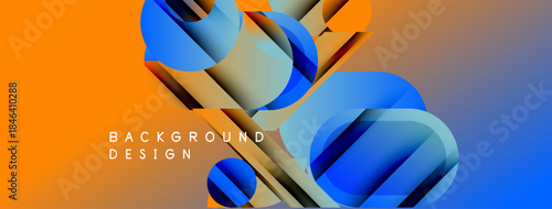 Abstract geometric shapes blend orange, blue hues. Dynamic composition creates modern background design. Smooth gradients add depth, visual interest.