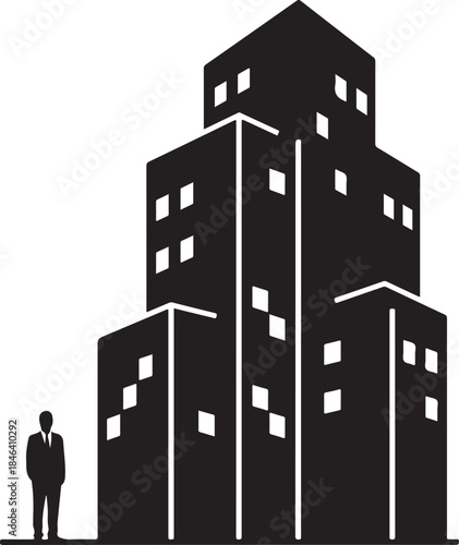 Silhouette of a man standing in front of a tall building.