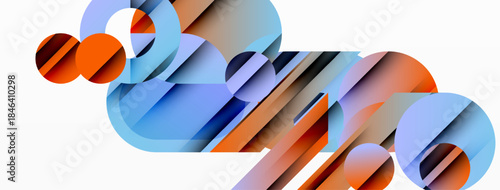 Abstract composition featuring overlapping geometric shapes. Orange, blue, purple hues create dynamic visual interest. Minimalist design.