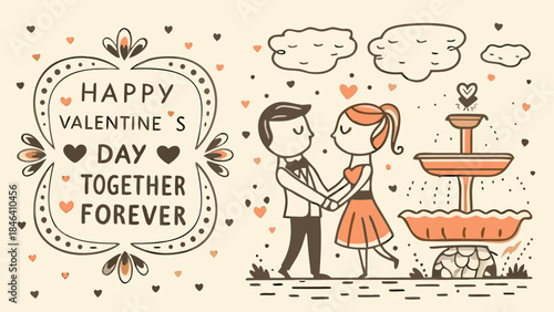 Loving couple embracing near a heart shaped fountain on a romantic day outside