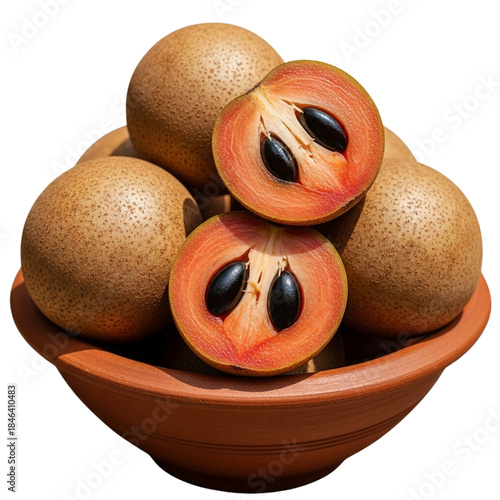 Fresh sapodilla fruits in terracotta bowl on black background