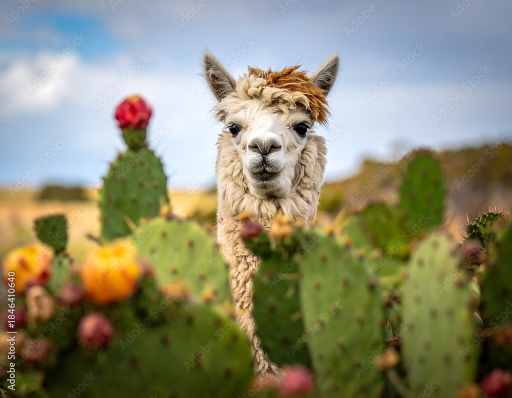 Obraz premium A fluffy alpaca peeks out from behind a vibrant cactus, outdoors