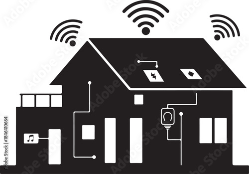 Smart Home Technology Illustration with Wireless Connections.