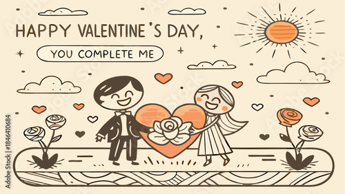 Couple embracing near a huge rose petal heart on a sunny day with flowers and hearts