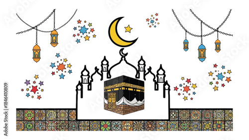 Sacred Mecca: A symbolic representation of the revered Kaaba in Mecca, adorned with traditional lanterns, celestial crescent moon and star, symbolizing the heart of the Muslim faith.