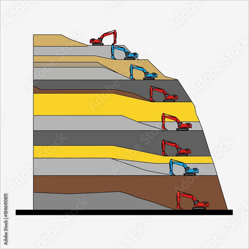 Excavators Working on Layered Terrain Construction Site.