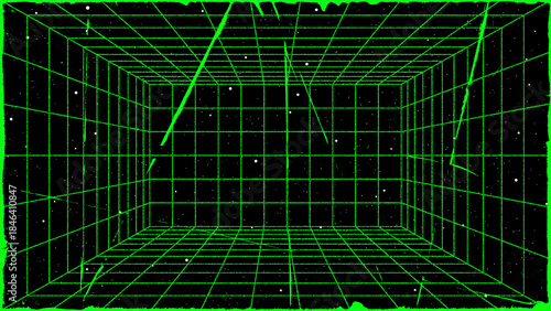 3D wireframe perspective grid room template design vector illustration background. Empty three dimensional virtual room perspective wireframe grid geometric sketch. Cyber virtual line interior frame