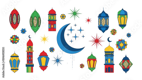 Ramadan Festival Decorations: A vibrant array of festive lanterns, adorned with intricate patterns and glowing with warm light, set against the backdrop of a crescent moon and stars.